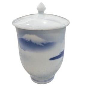 Japanese Fukugawa Porcelain Lidded Jar Blue Mountain Design Ceramic 
Small